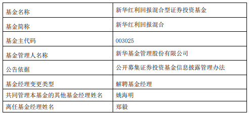 郑毅离任新华基金旗下3只基金