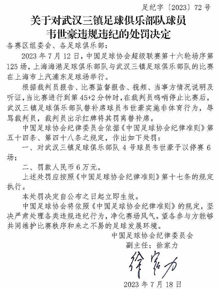 中国足球协会：韦世豪辱骂裁判被停赛6场罚款6万