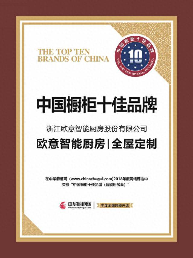 智能先行｜欧意斩获2018年度中国橱柜十佳品牌！