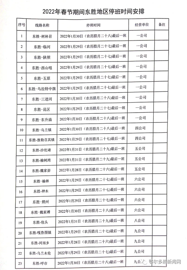 春节期间，鄂尔多斯班车运行时间→